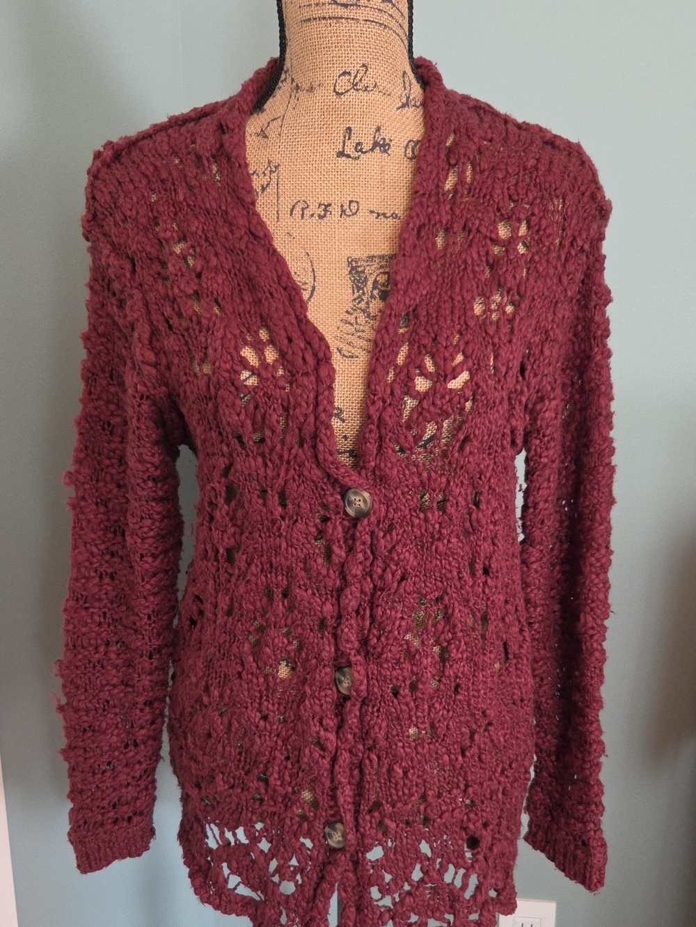 Free People Burgundy Openwork Button-Front Knit Cardigan